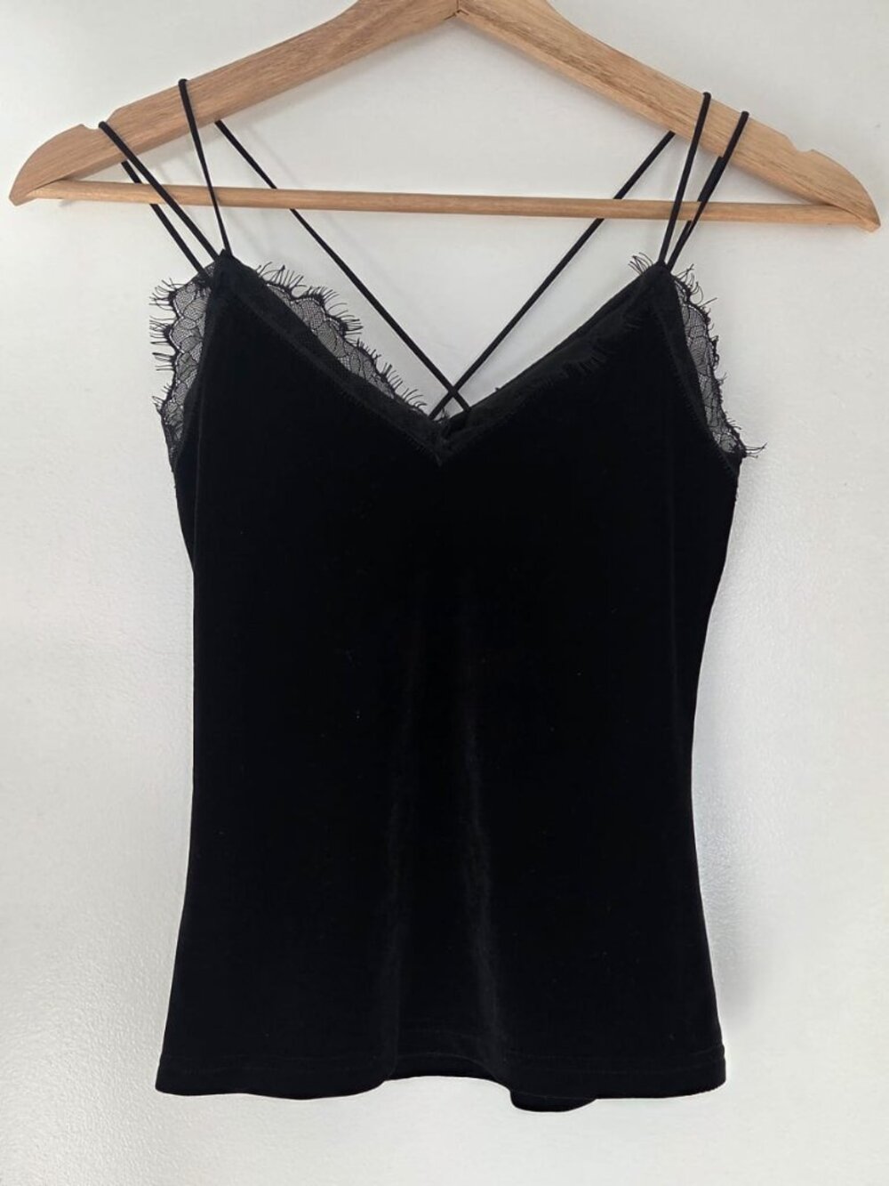 Bacio Black Velour Stretchy Lace Trim Strappy Cami Top Size S